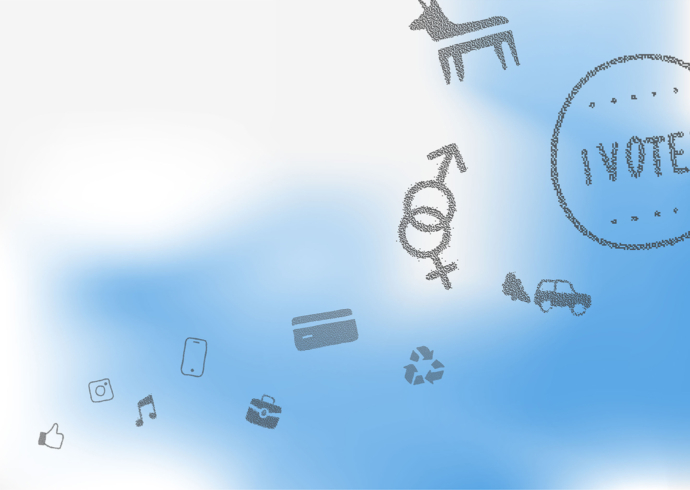 A mix of icons representing social media, politics, the environment, and gender.