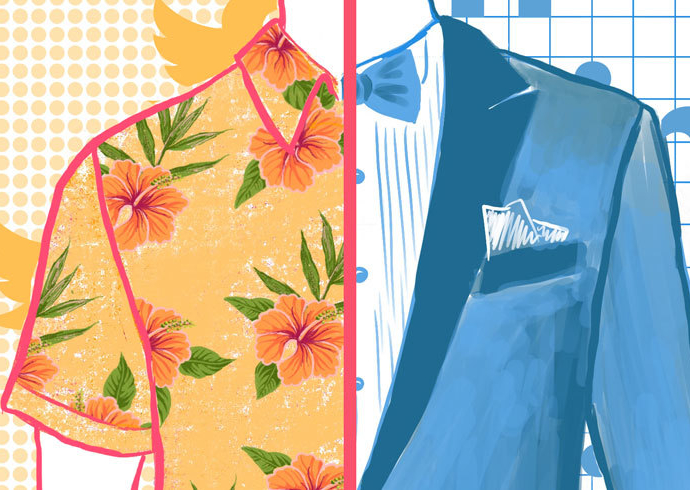 Colorful split screen illustration of man wearing a Hawaiian shirt on the left, and a suit on the right to help visualize concept of cross-promotion.