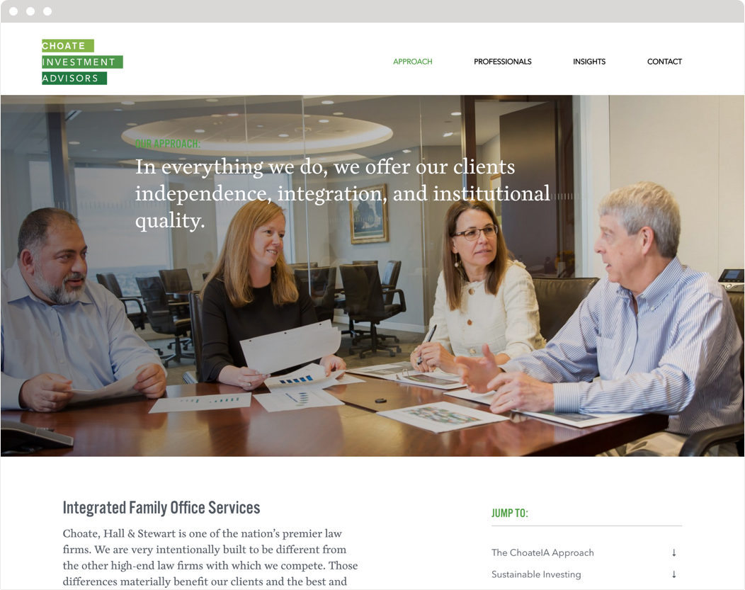 The approach section of Choate Investment Advisors website, headed by a photo of four staff members at a conference table.