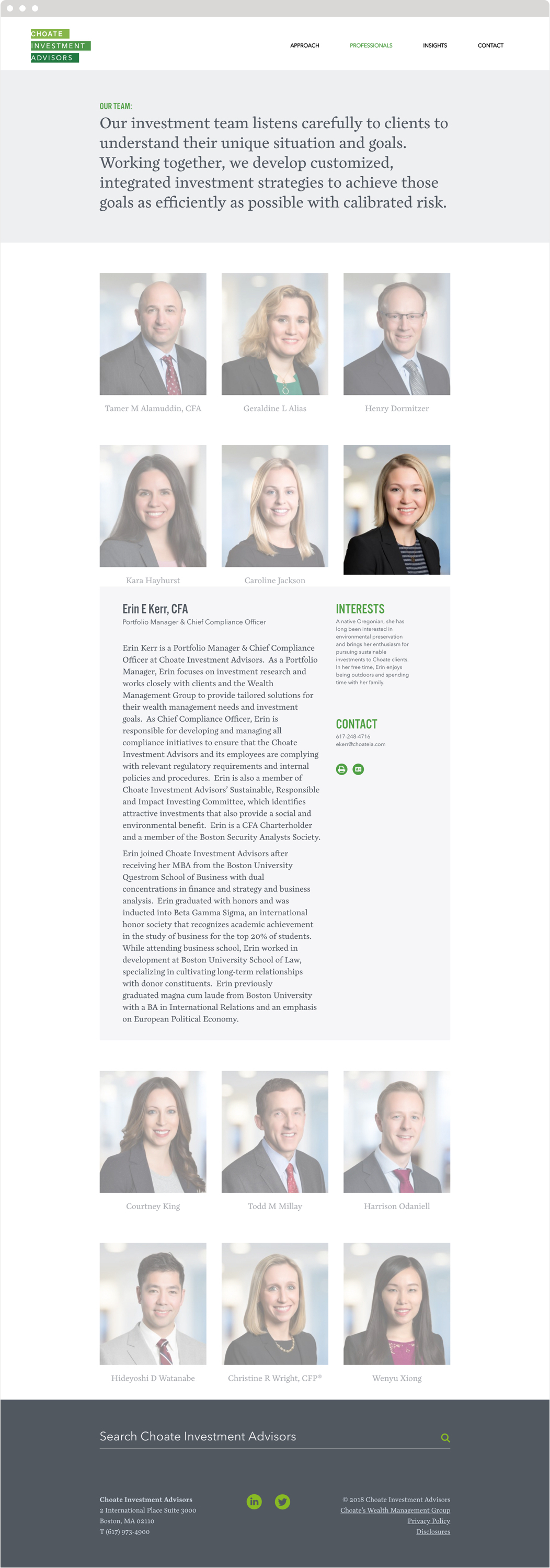 The professionals section of Choate Investment Advisors website, showing headshots and bios of the firm's lawyers.