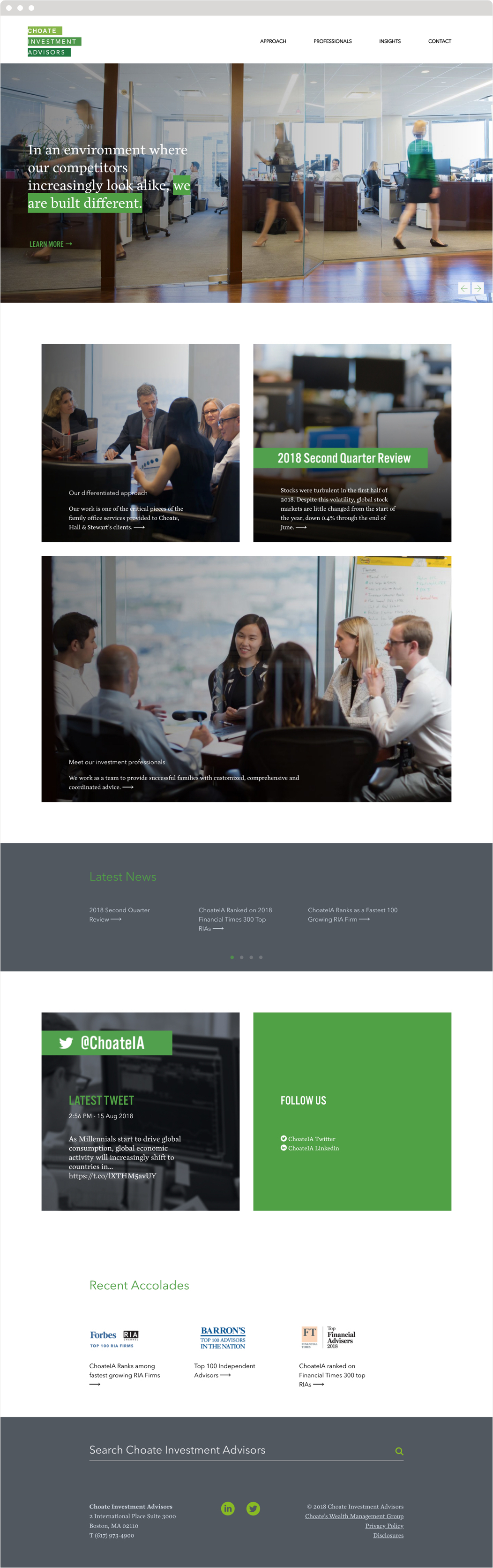 The Choate Investment Advisors web home page, headed by their logo and brand tagline "We are built different."