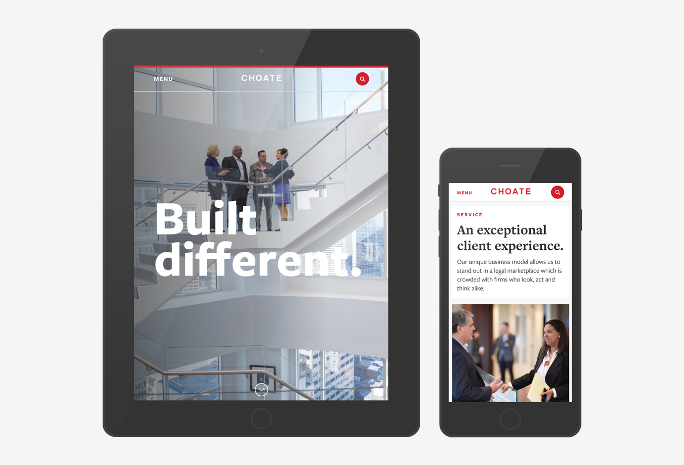 Pages from the Choate law firm website displayed on a tablet and smartphone.
