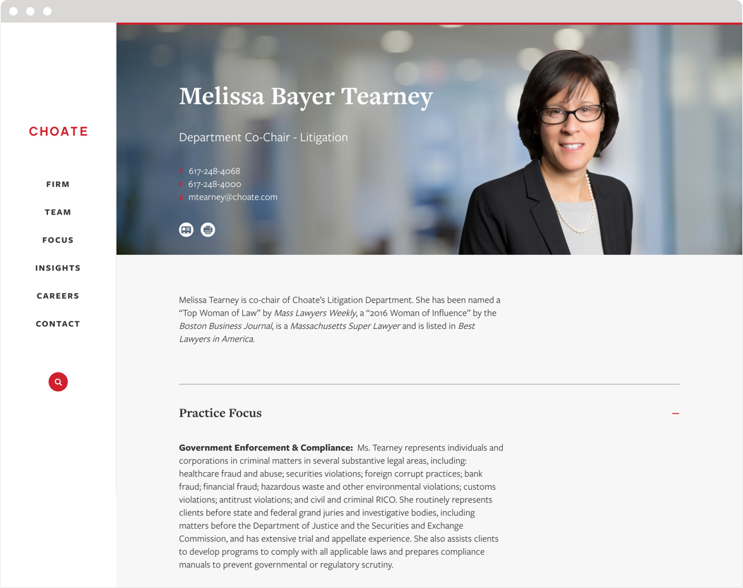 An example of a lawyer biography page from the Choate law firm website.