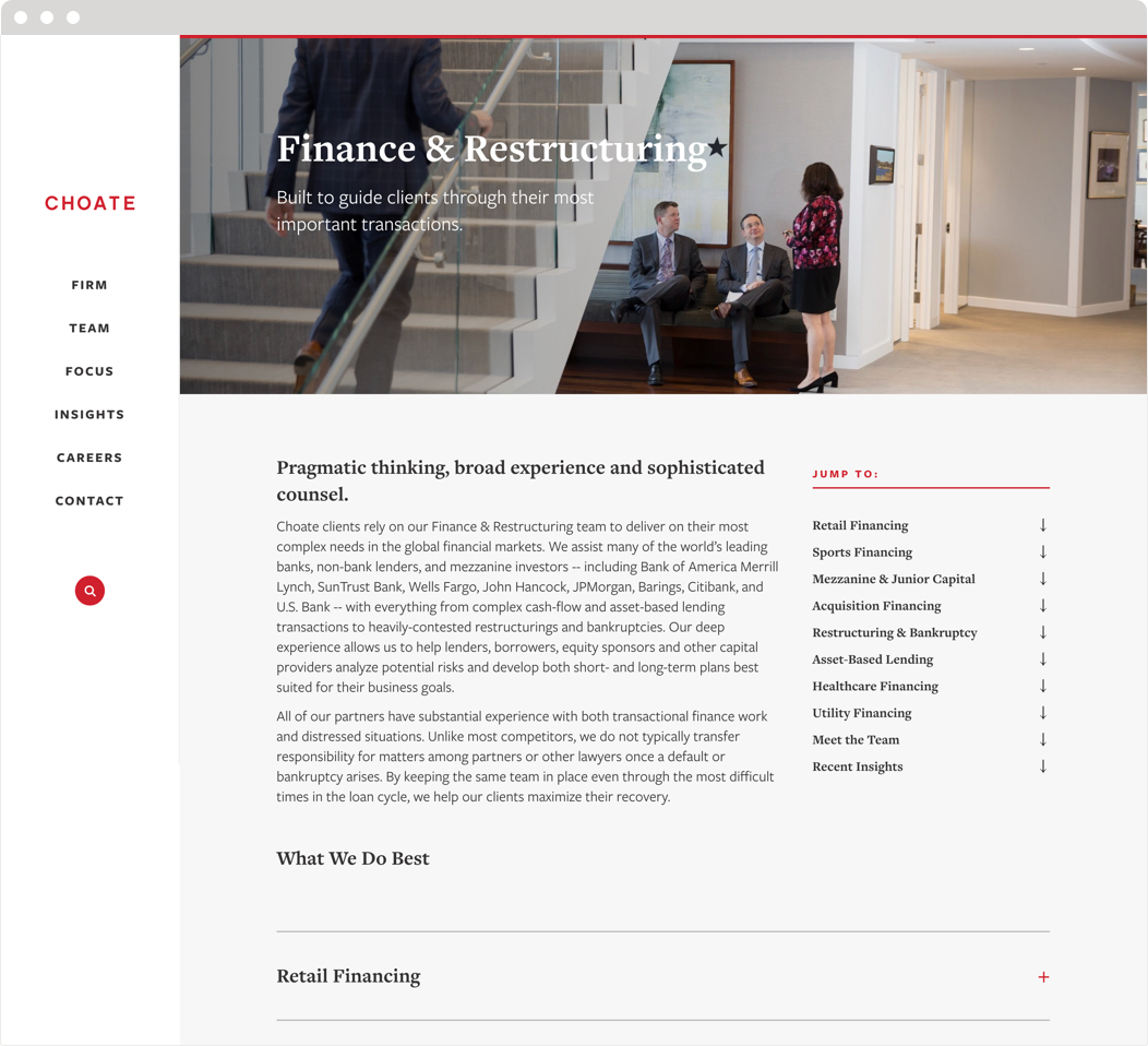 The finance and structuring practice page from the Choate law firm website.