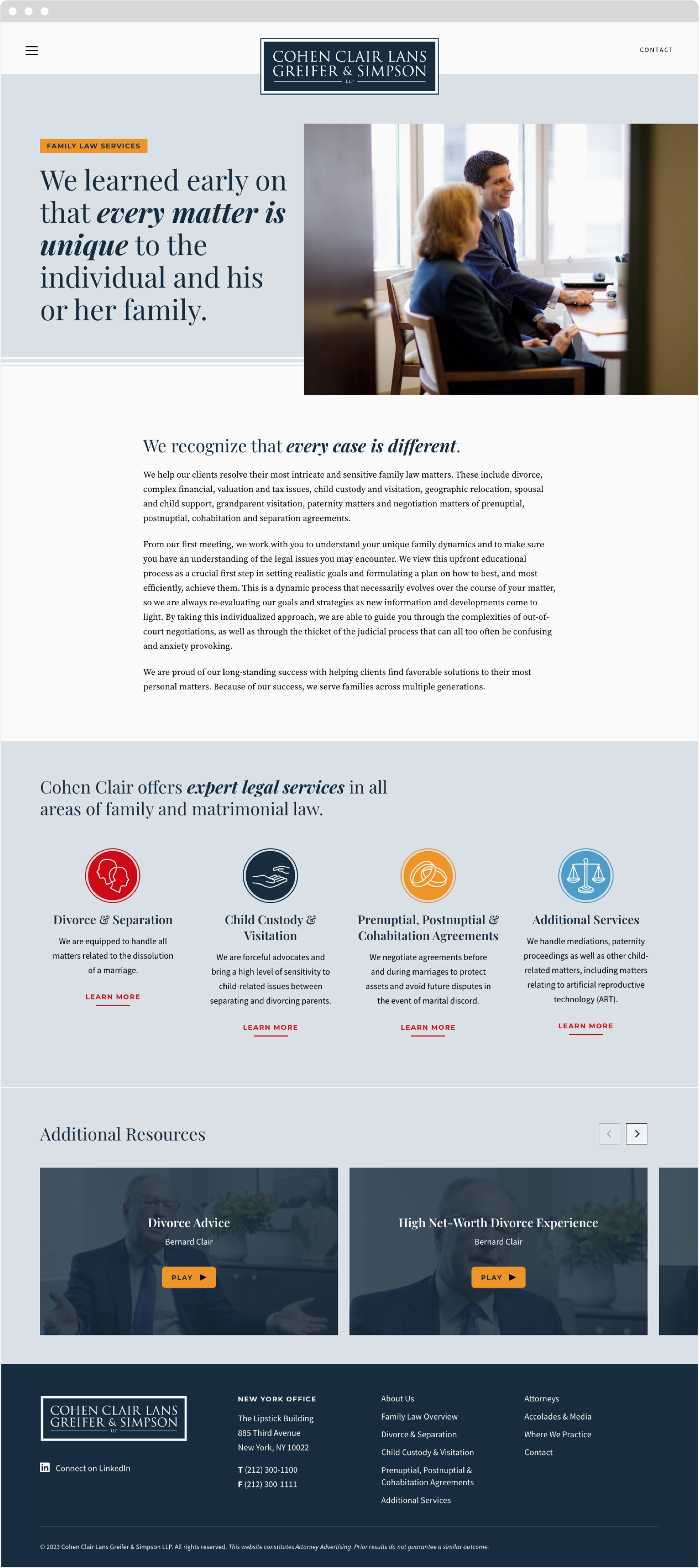 The Family Law Services section of the Cohen Clair website, featuring text about the firm’s capabilities and images of its lawyers in action.