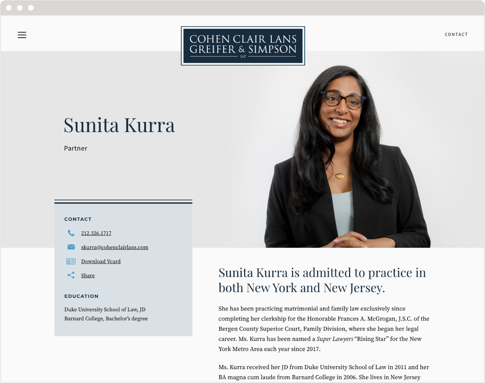 An attorney bio page from the Cohen Clair website, featuring photos and text describing the attorney.