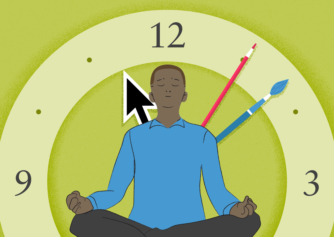 A meditating figure sitting cross legged in from a  giant clock. The clock's hands are a colored pencil, an artist's paintbrush, and an oversized computer cursor.