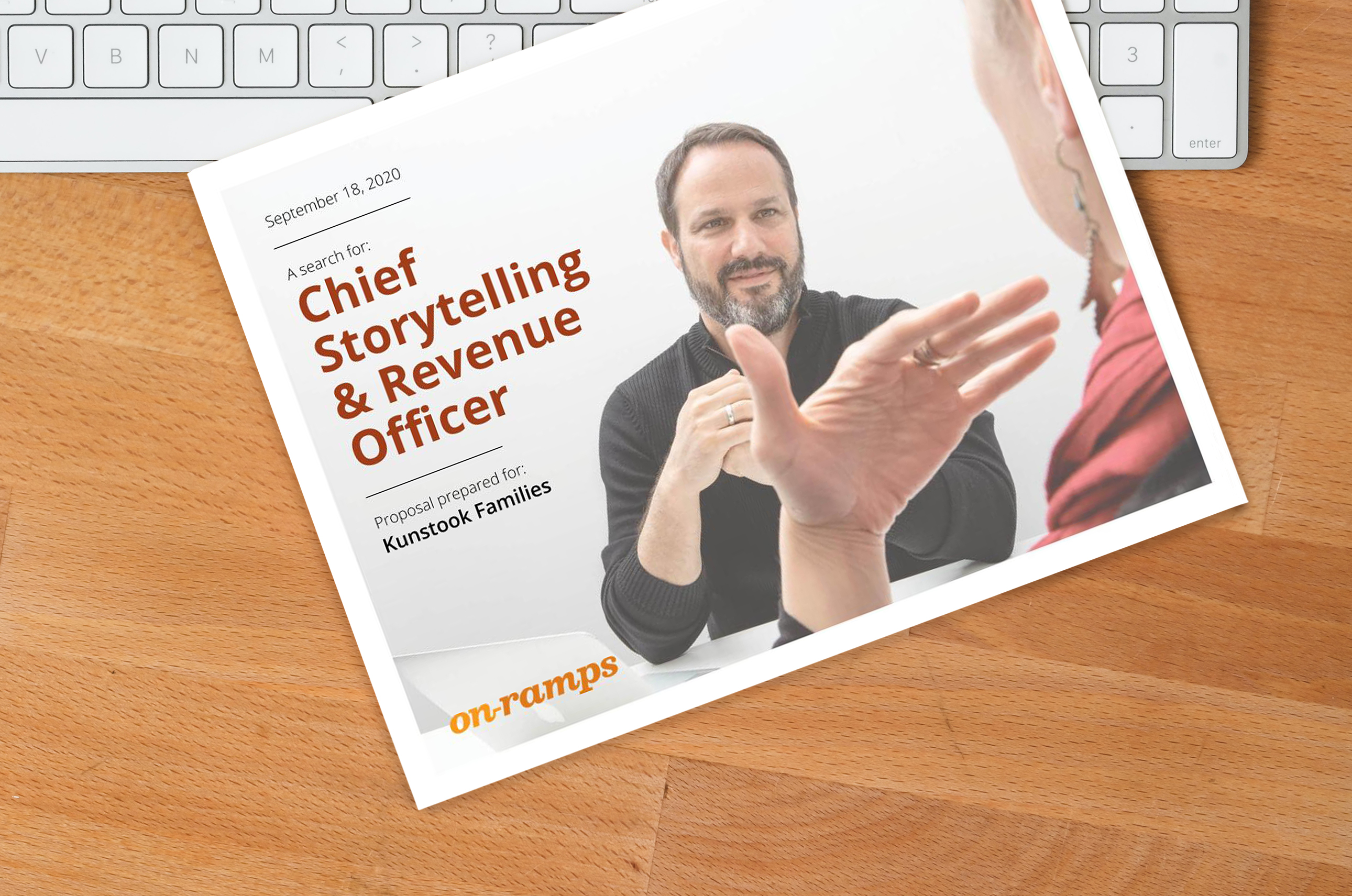 A copy of On-Ramps’ client proposal sits on top of a desk.