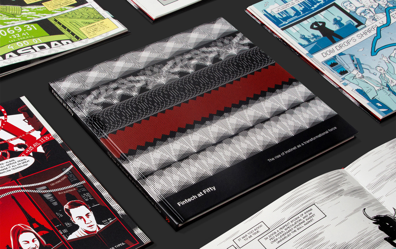 A full view of the cover of the Instinet Fintech at Fifty graphc novel with partial views of some interior pages around it.