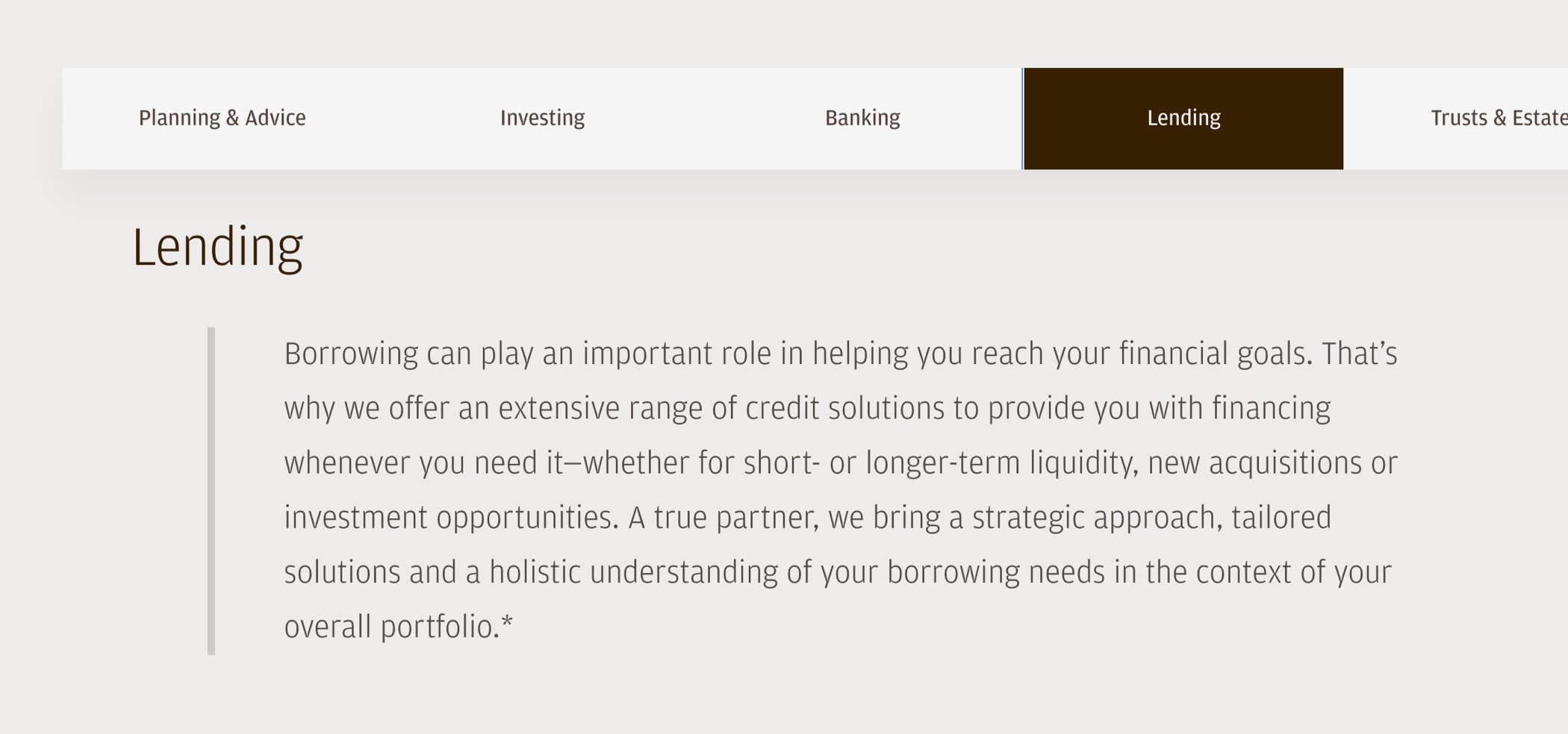 J.P. Morgan Private Bank Lending web page with introduction about the service and its benefit to client financial goals.