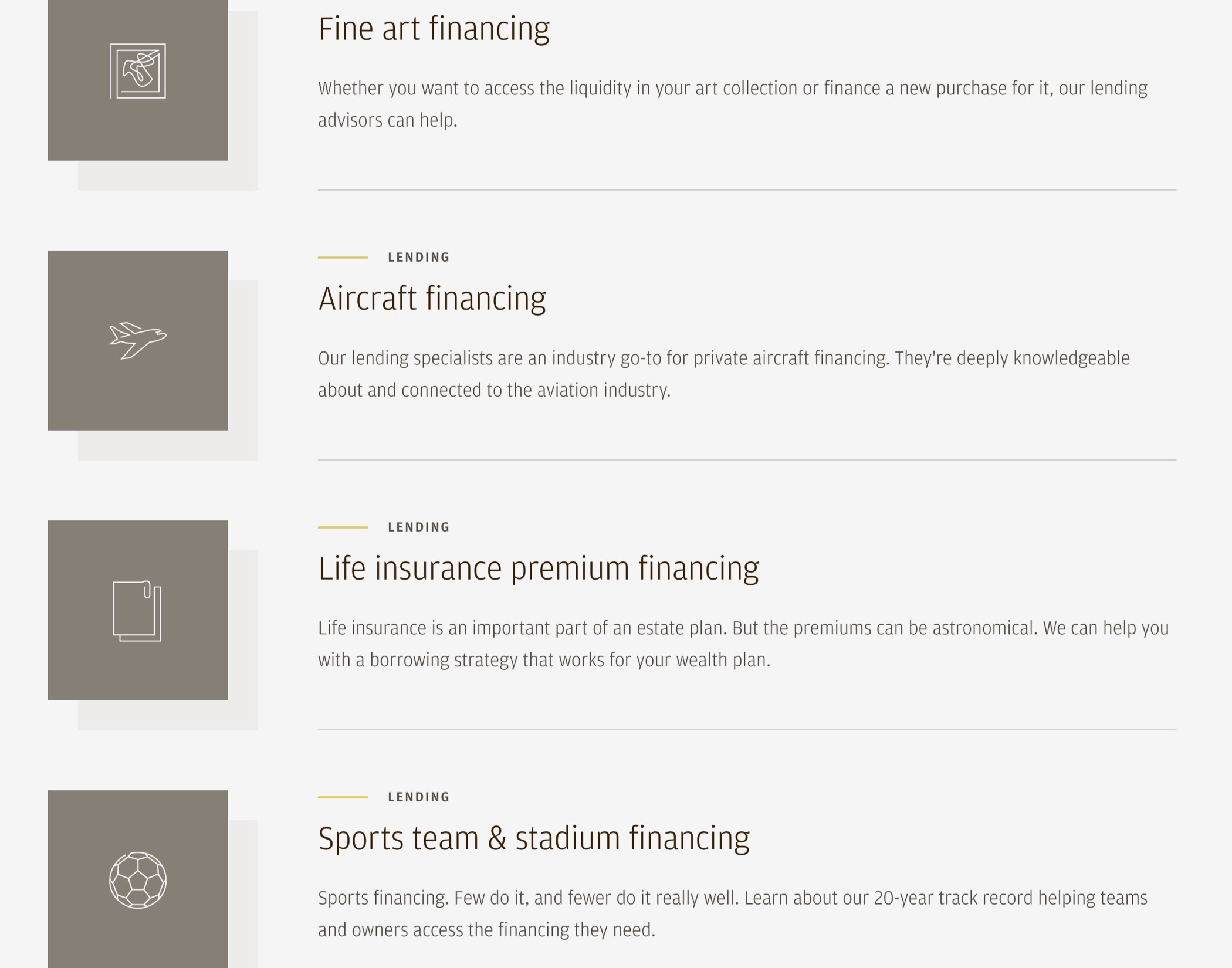 J.P. Morgan Private Bank Lending web page section listing specialty lending services, including fine art and aircraft financing.