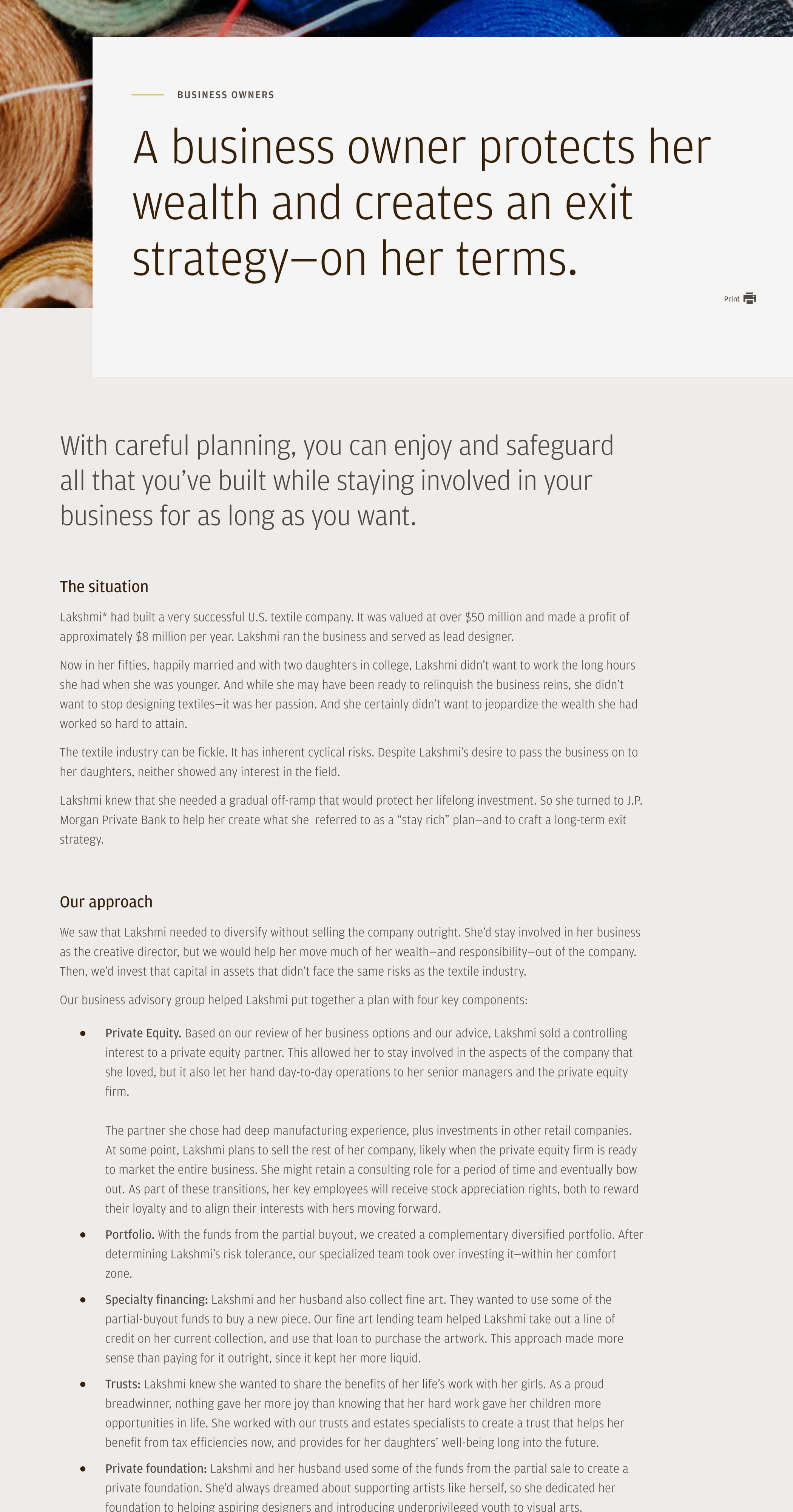J.P. Morgan Private Bank case study web page: "A business owner protects her wealth and creates an exit strategy—on her terms."