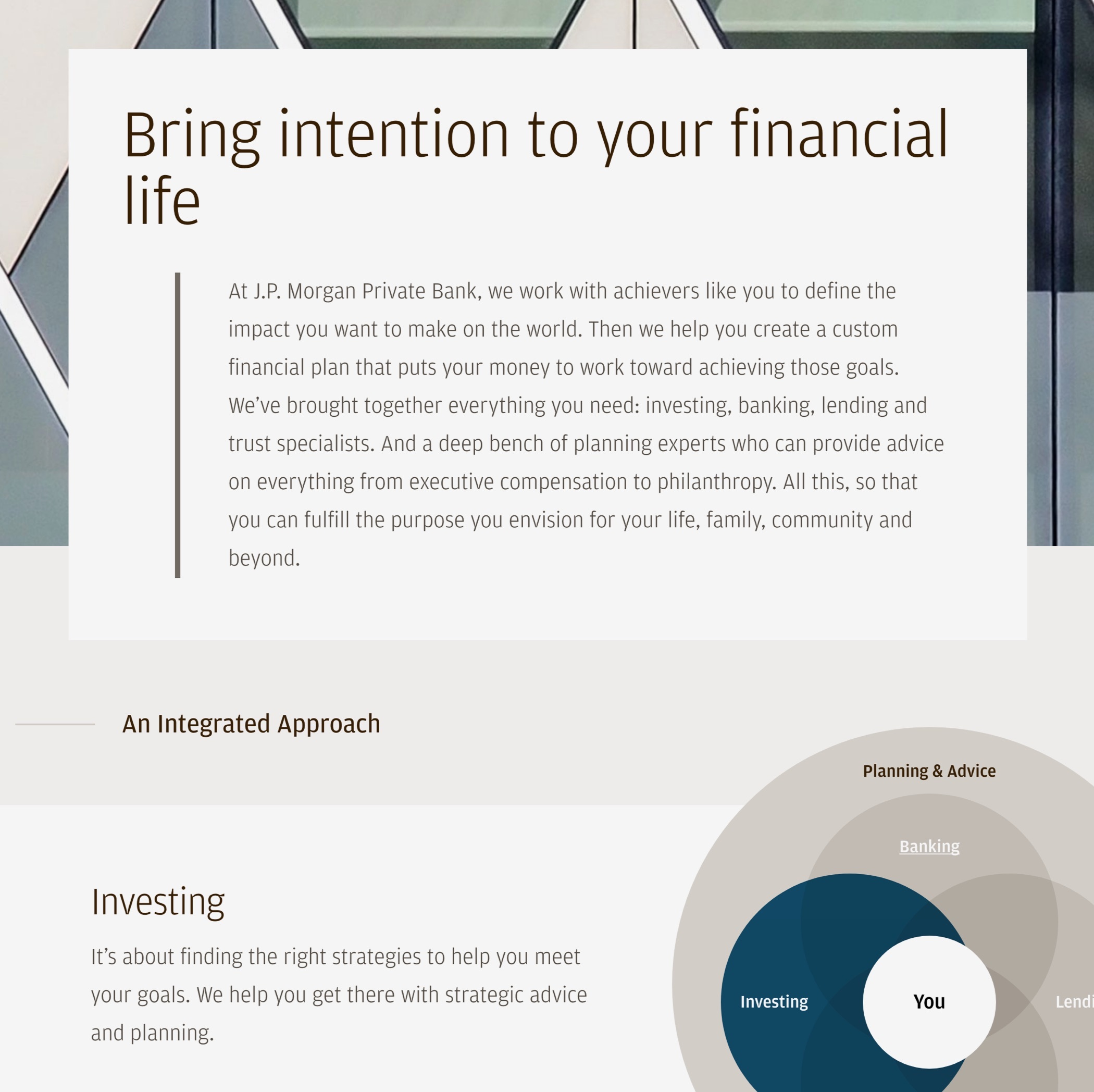 J.P. Morgan Private Bank Services web page with headline "Bring intention to your financial life" and investing infographic.