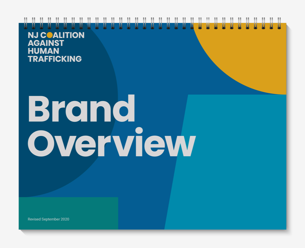 Pages of NJ Coalition Against Human Trafficking Brand Overview document outlining colors, pictograms, and other design rules.