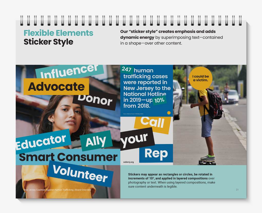 Pages of NJ Coalition Against Human Trafficking Brand Overview document outlining colors, pictograms, and other design rules.
