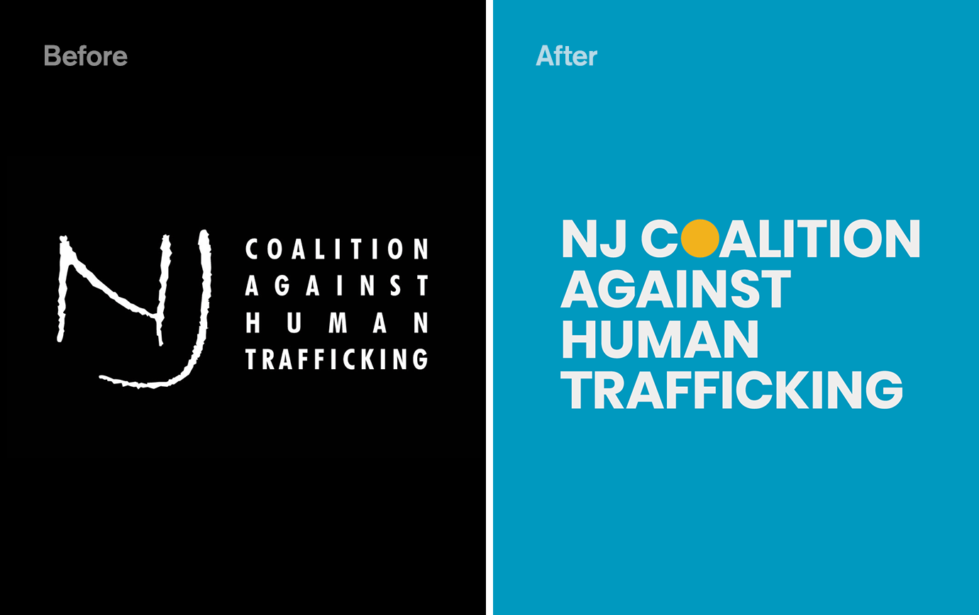 Image shows the comparison between the old and new logo for NJCAHT. The former is on a black background and the new on a blue background.