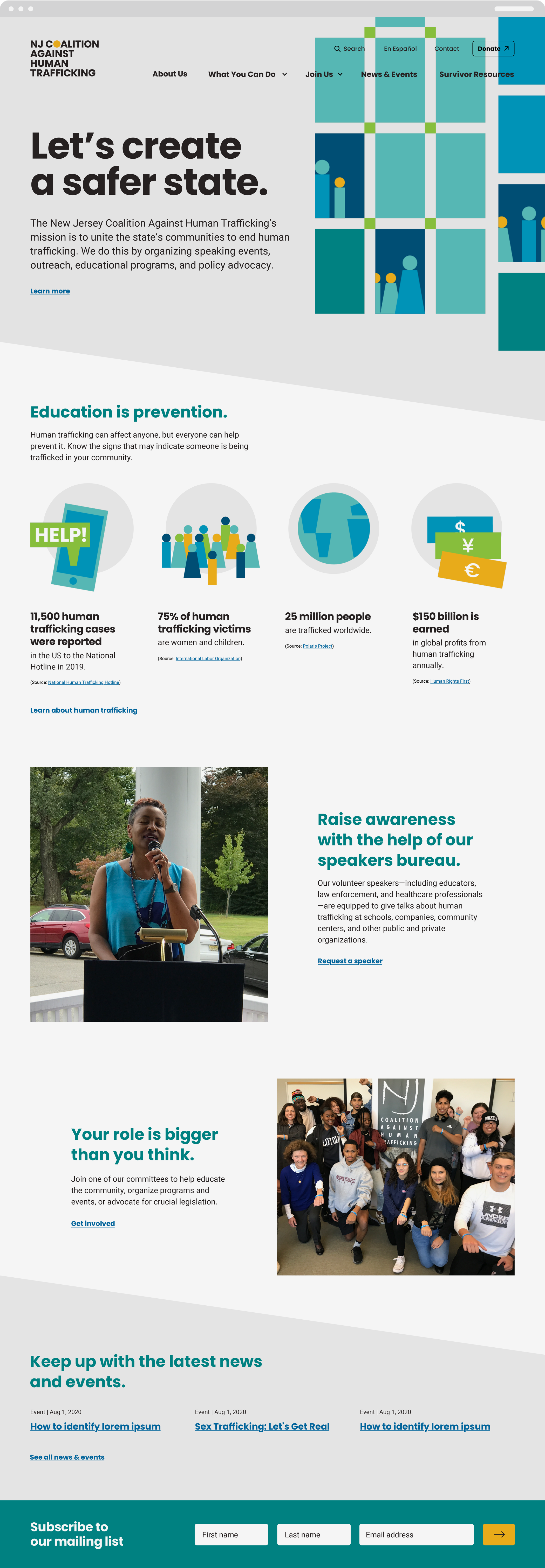 NJ Coalition Against Human Trafficking website homepage explaining the nonprofit’s work and how community members can get involved.