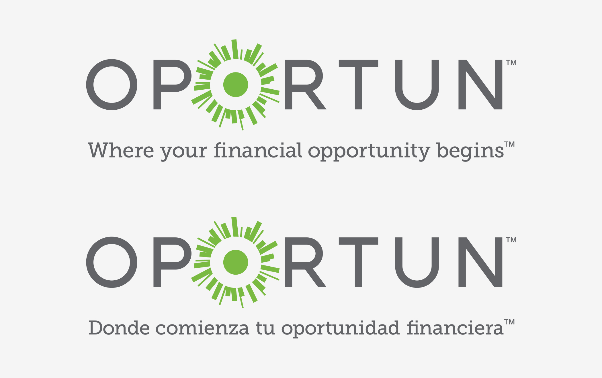 The Oportun logotype and green-sun symbol with the phrase "Where you financial opportunity begins," in English and Spanish.