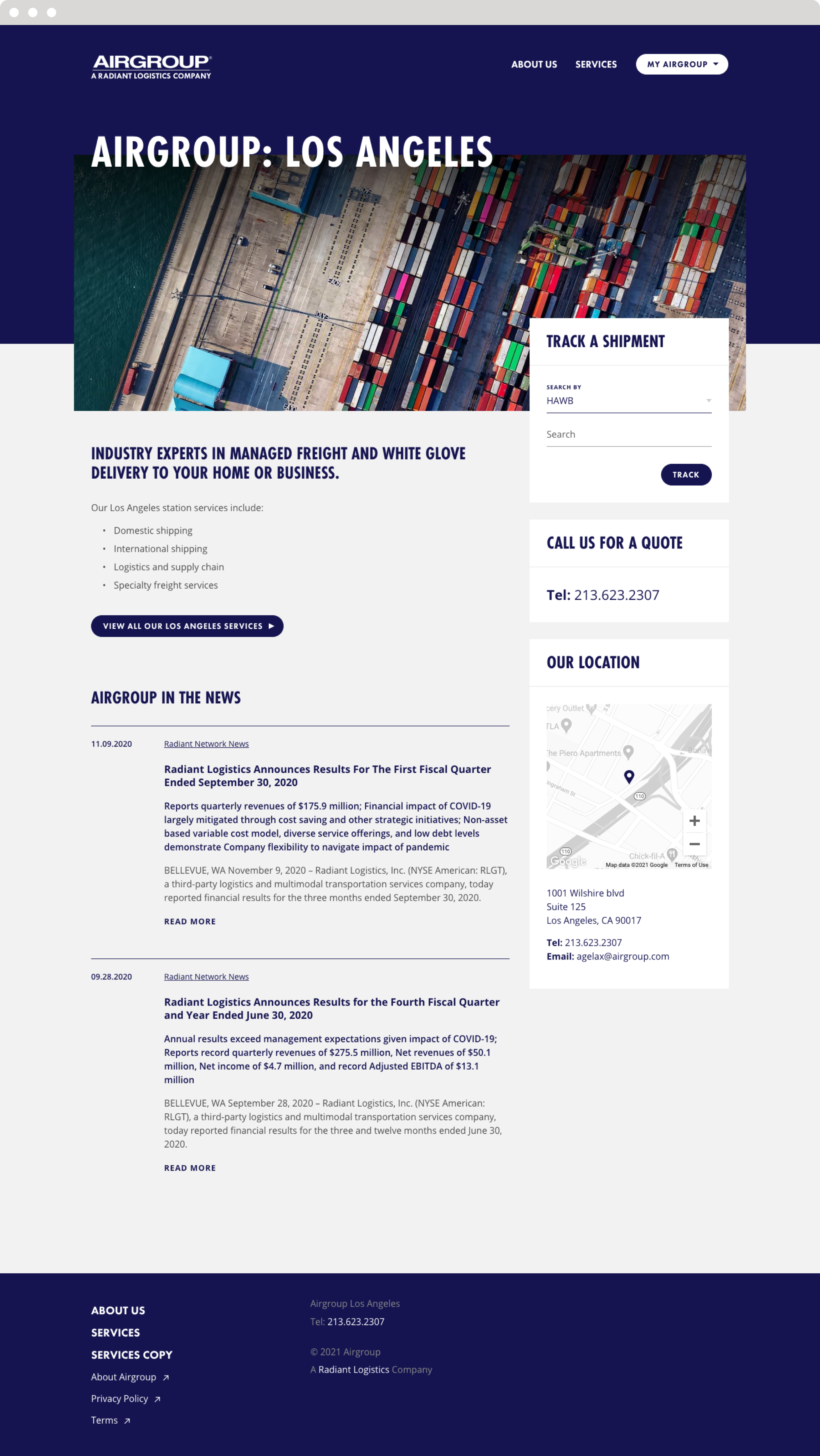 The Radiant Airgroup website homepage with headline, "Airgroup: Los Angeles" and an image of a cargo ship containers..