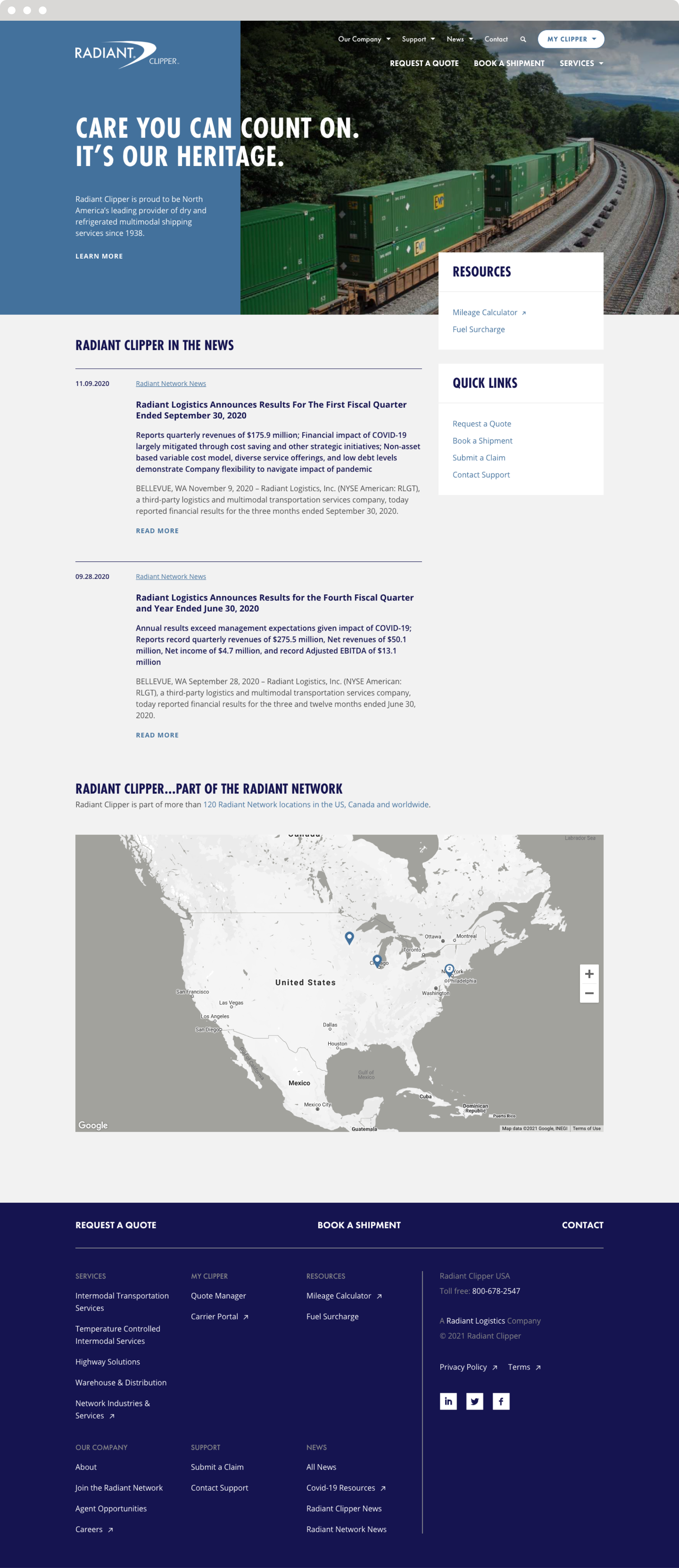 The Radiant Clipper website homepage with headline, "Care you can count on. It's our heritage." and an image of train with cargo containers.