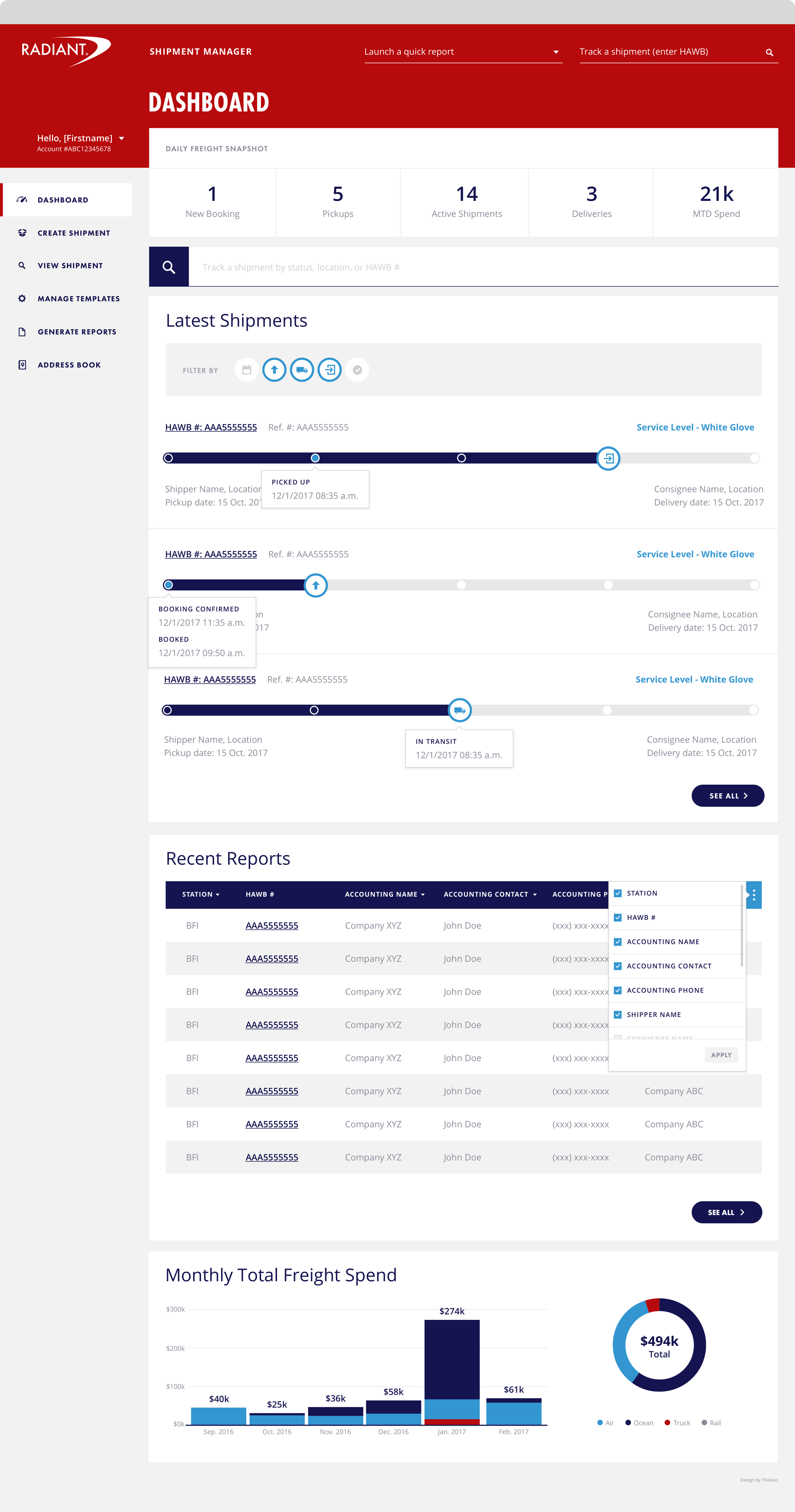 The Radiant dashboard website with details of shipping schedules.