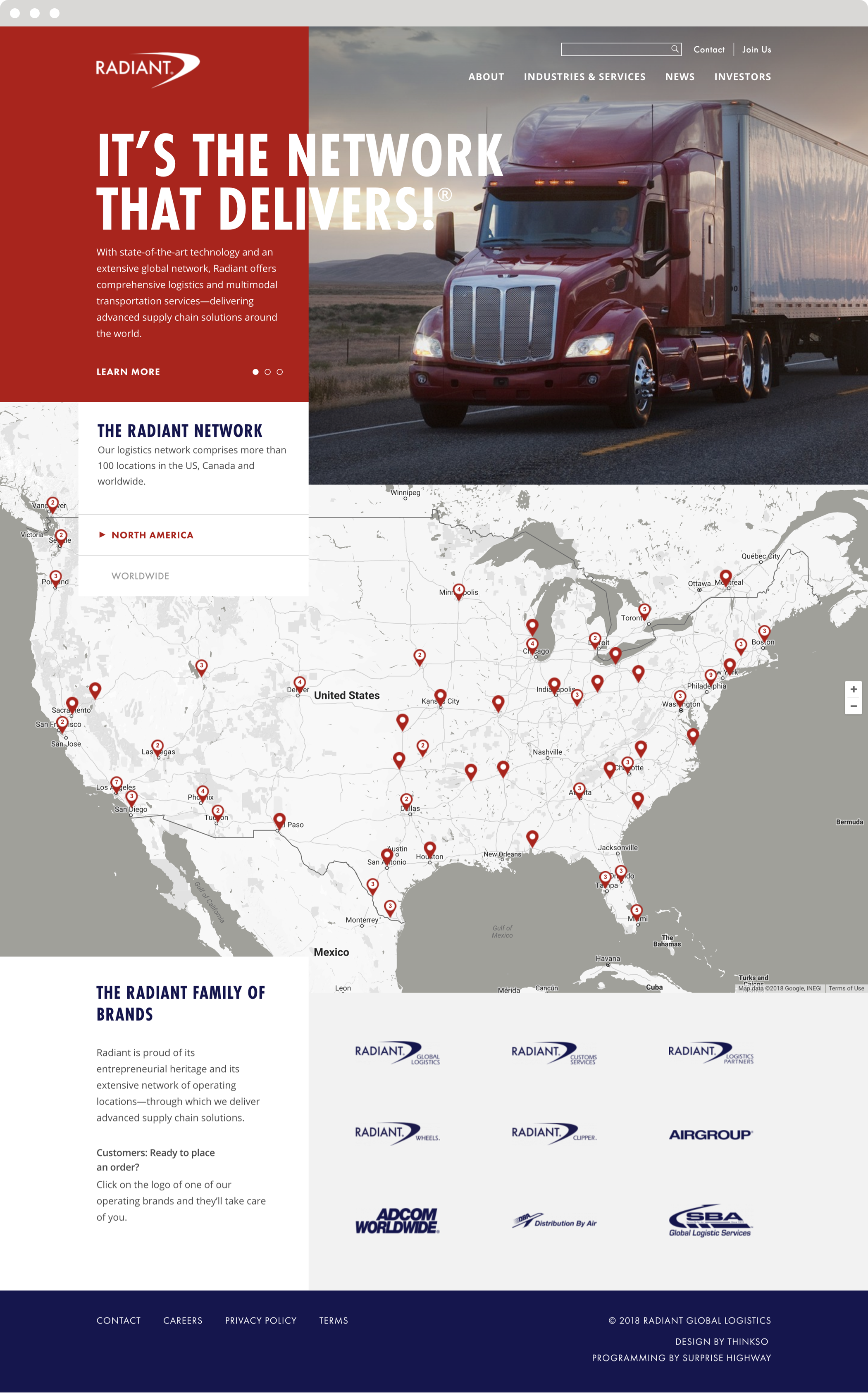 The Radiant website homepage with headline, "It's the network that delivers!" and an image of semi truck on a desert highway.