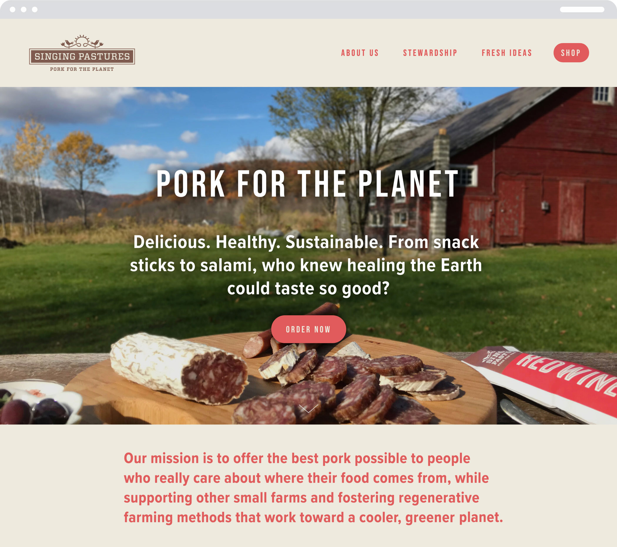The Singing Pastures Web homepage with the headline "Pork for the planet" and information about the company and its products