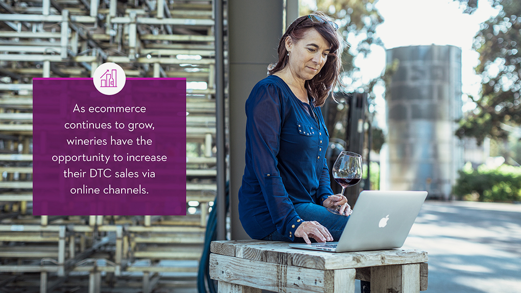 Interior spread from Wine Direct Trend Report showing a woman drinking wine in front of a laptop