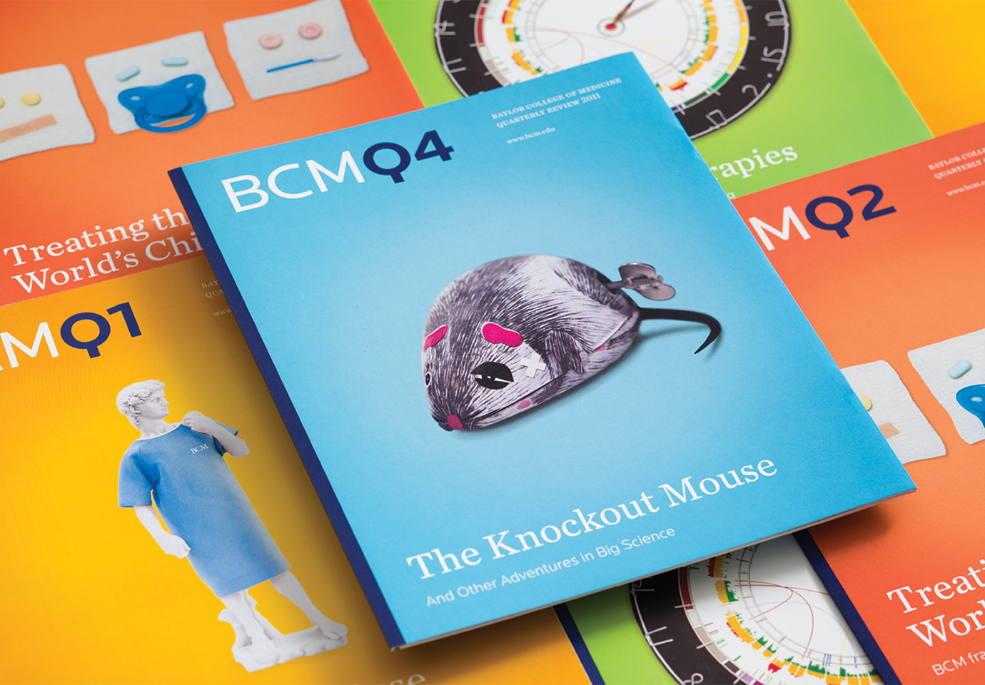 A collage of Illustrated covers of Baylor College of Medicine BCM quarterly reports.