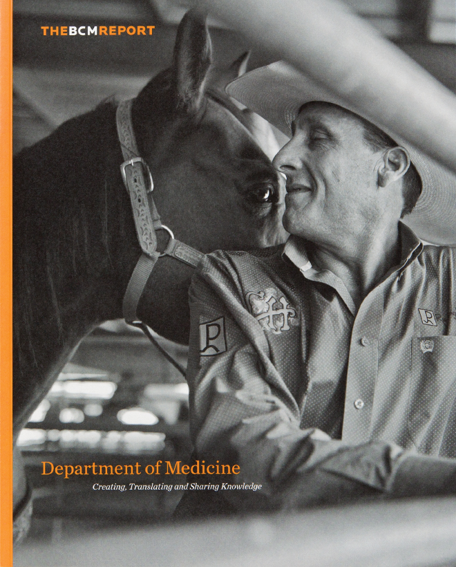 Cover of Baylor College of Medicine BCM report, featuring a close up of a cowboy and his horse.