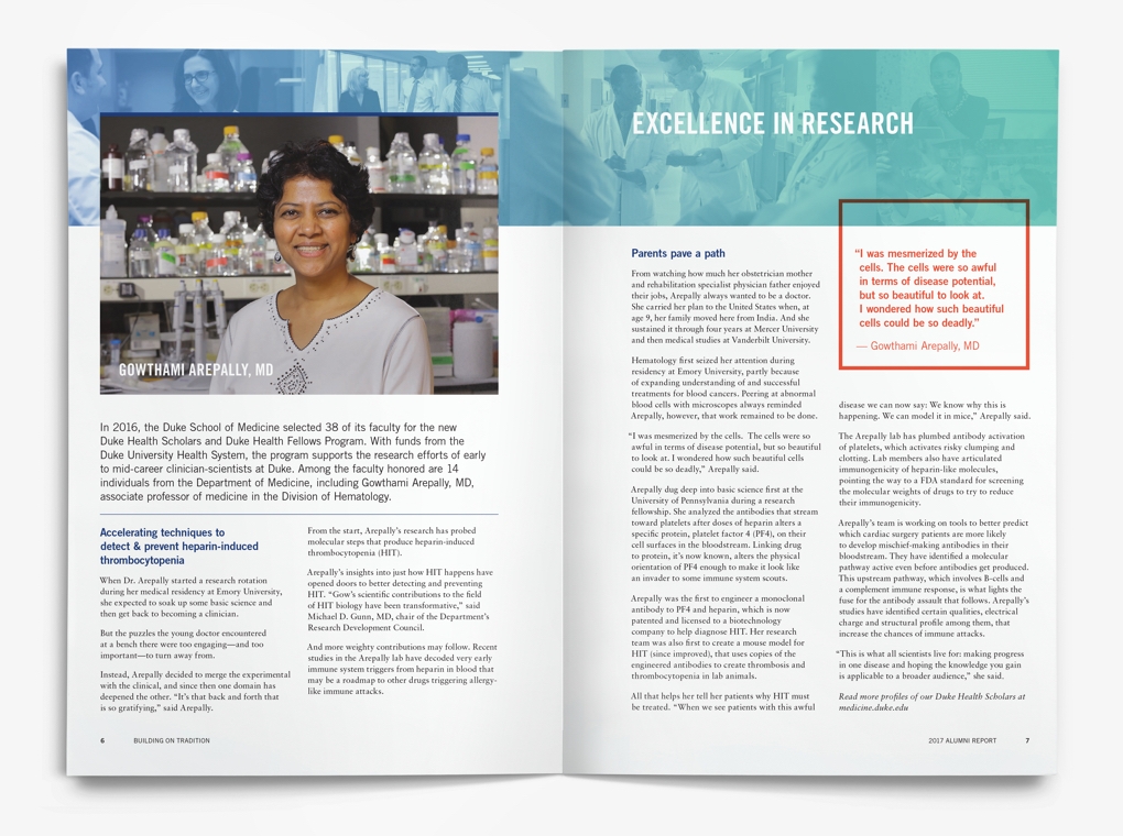 Pages of the Duke University Department of Medicine 2017 Alumni Report highlighting the department's research programs.