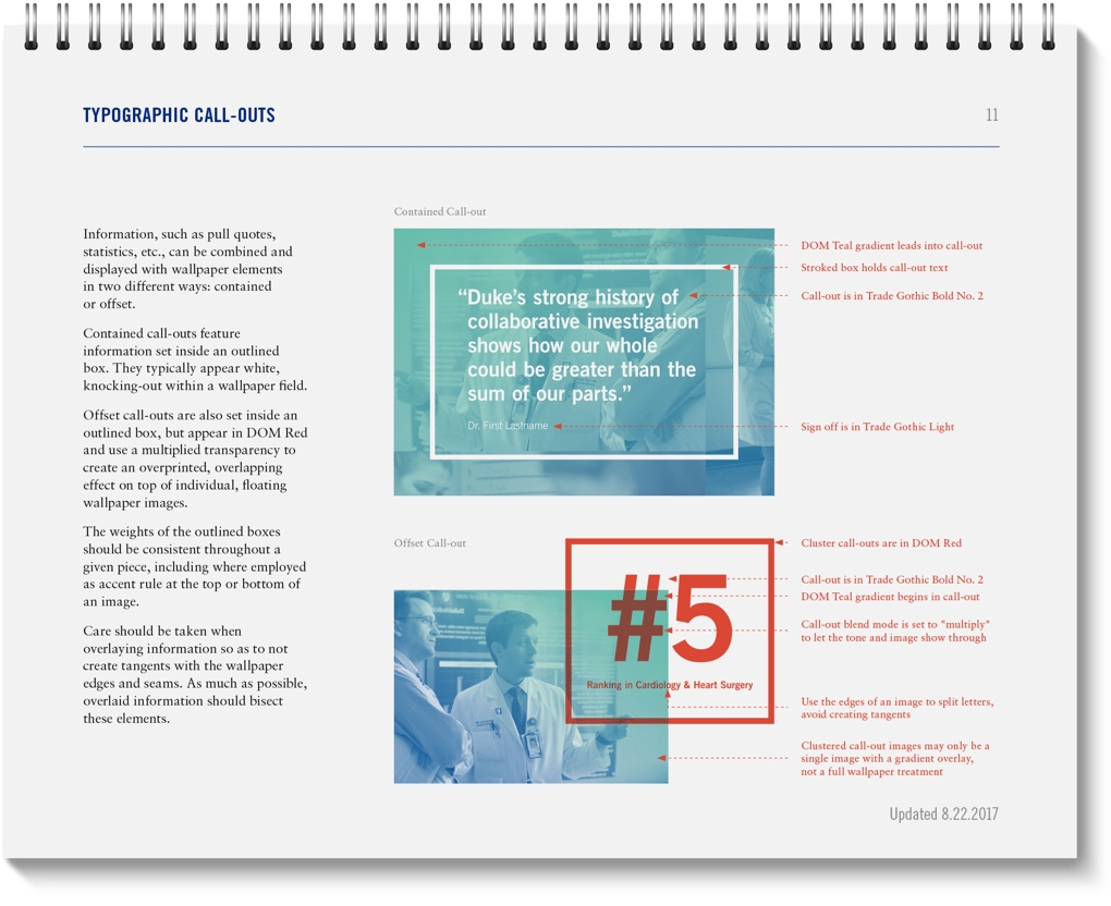 Page from the Duke University of Department Medicine Communications Framework style guide showing typographic standards.