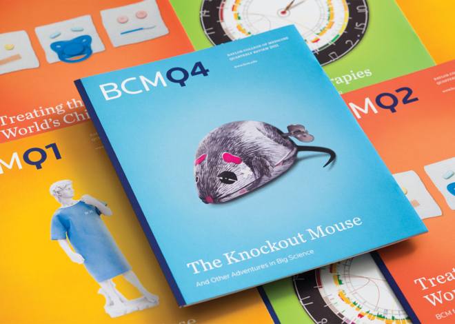 A collage of Illustrated covers of Baylor College of Medicine BCM quarterly reports.