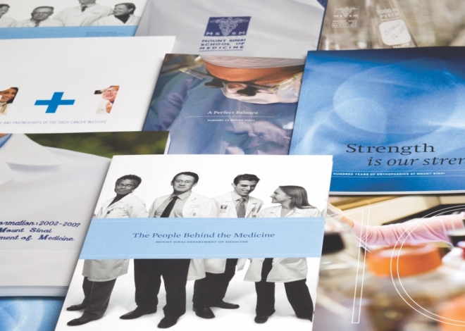 A table full of Mount Sinai Medical Center brochures. with images of doctors and titles like, the people behind the medicine.