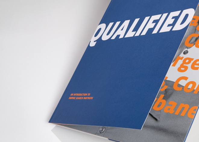 The Empire Search Partners capabilities brochure with the title, Qualified in bold white letters on a blue background.