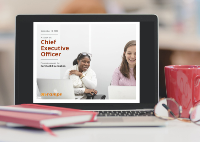 Laptop with an animated screen showing various pages from the On-Ramps proposal template.