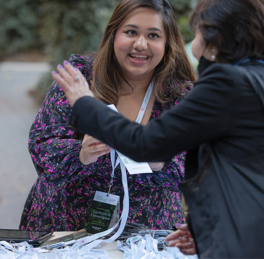 Two REDD Positive Cocktails and Conservation launch event attendees greet each other.
